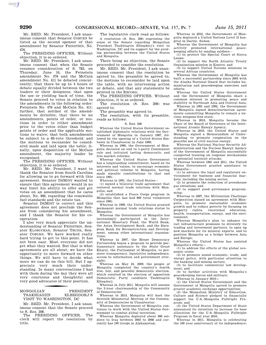 CONGRESSIONAL RECORD—SENATE, Vol. 157, Pt. 7 June 15, 2011 Mr