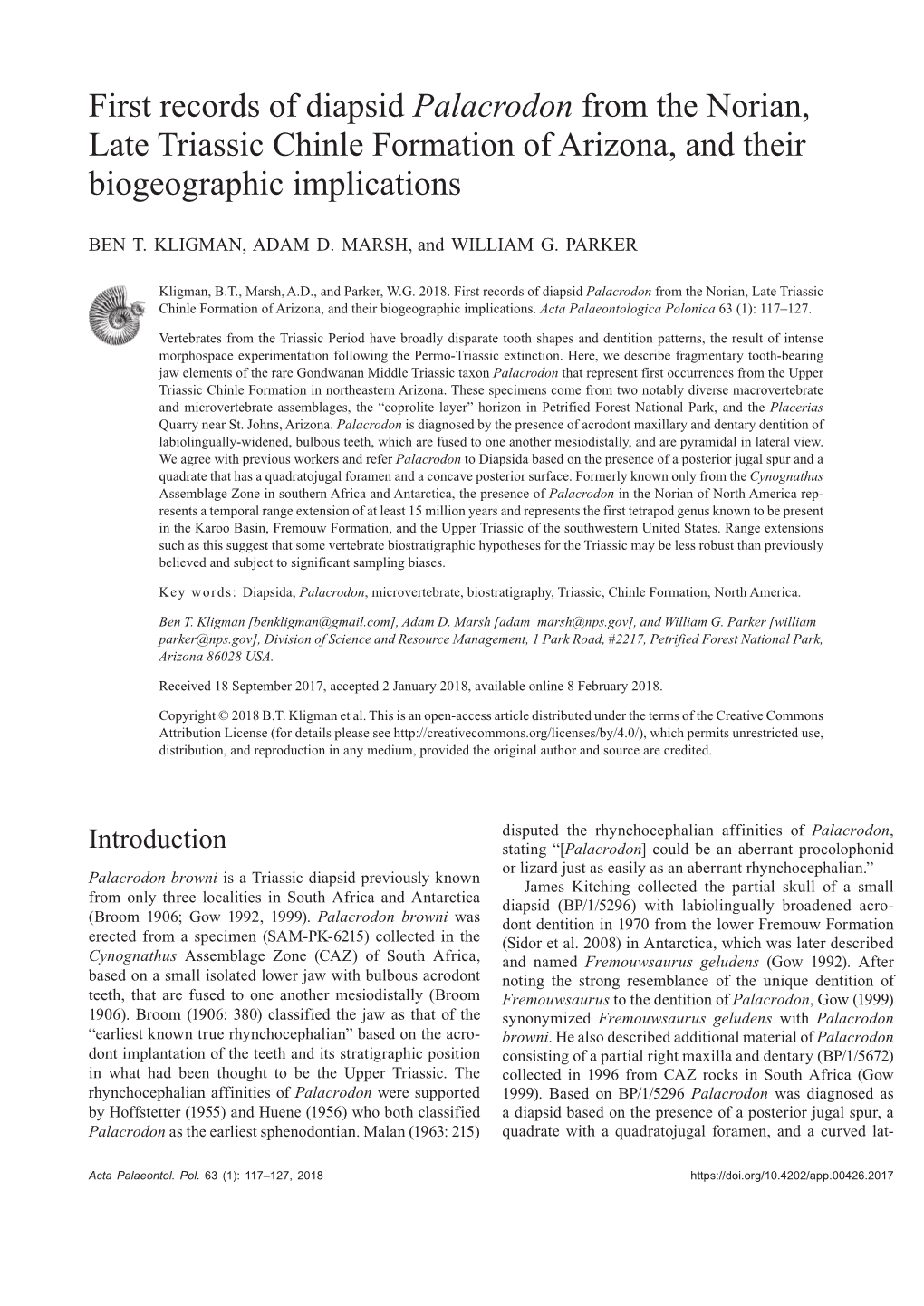 First Records of Diapsid Palacrodon from the Norian, Late Triassic Chinle Formation of Arizona, and Their Biogeographic Implications