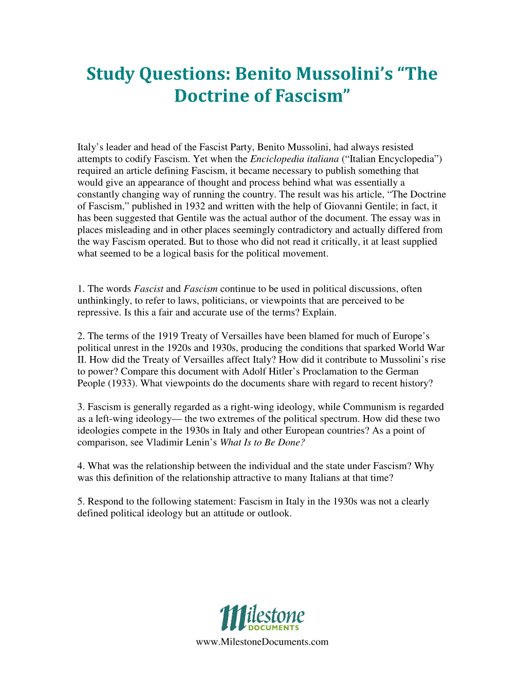 Study Questions: Benito Mussolini's “The Doctrine of Fascism”