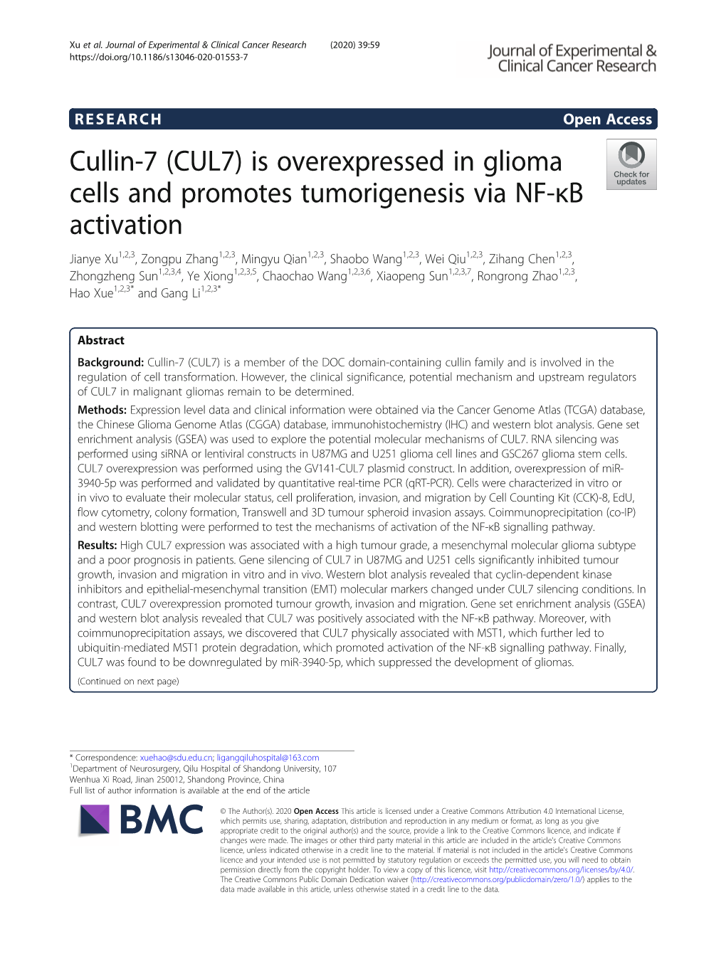 Cullin-7 (CUL7) Is Overexpressed in Glioma Cells and Promotes Tumorigenesis Via NF-Κb Activation