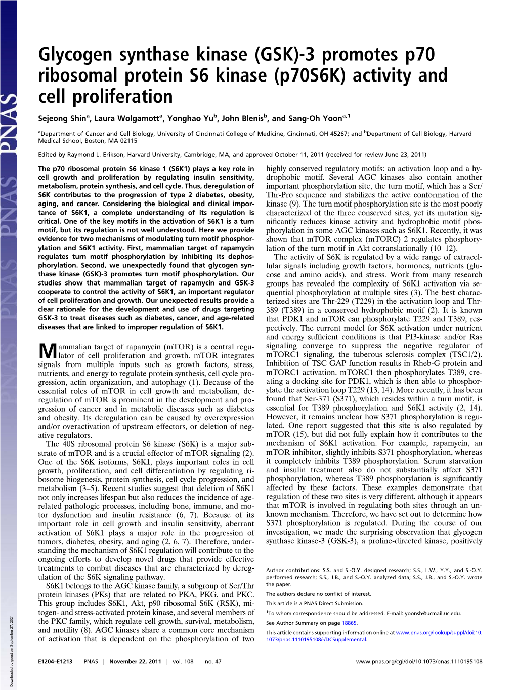 3 Promotes P70 Ribosomal Protein S6 Kinase (P70s6k) Activity and Cell Proliferation