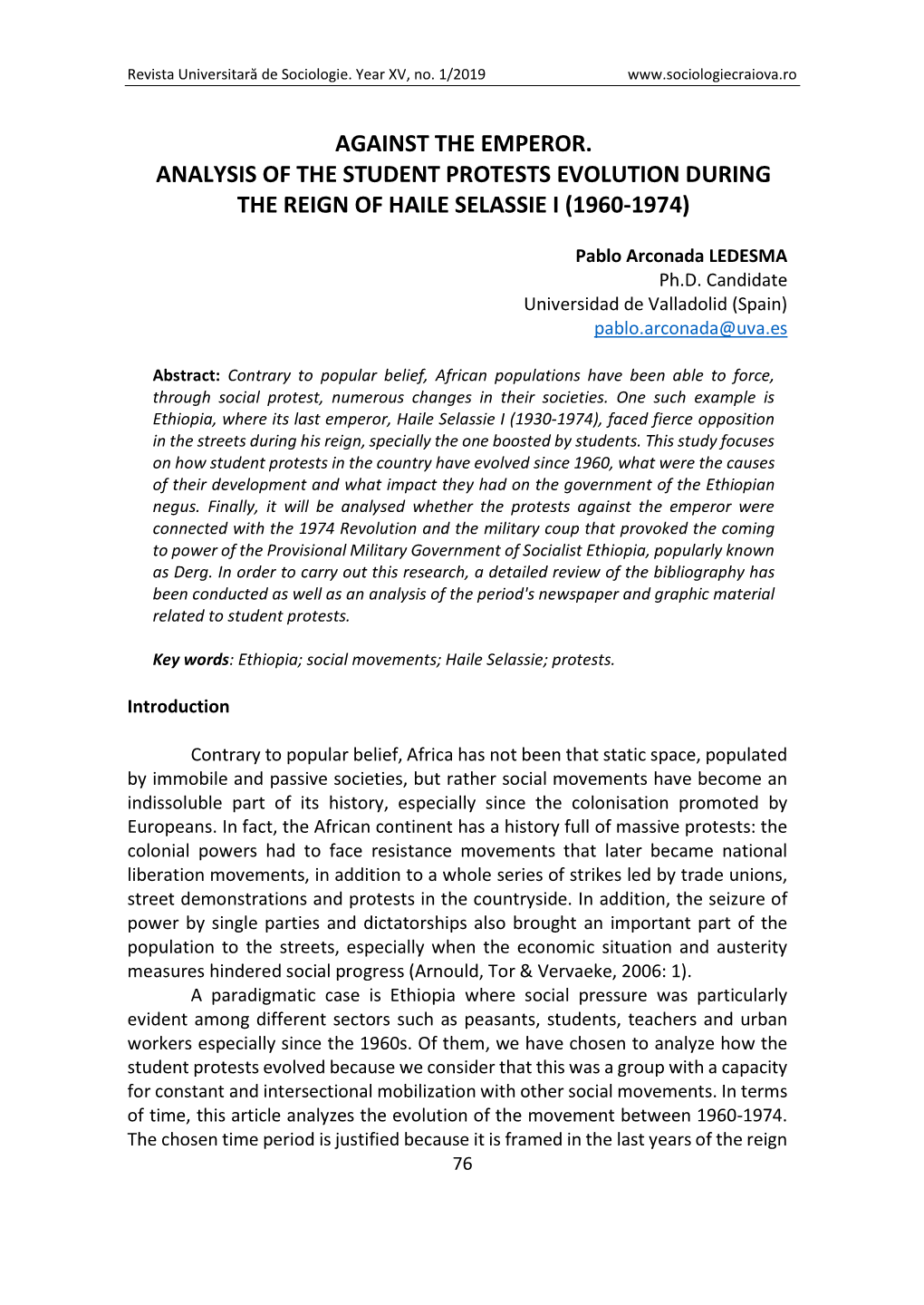 Against the Emperor. Analysis of the Student Protests Evolution During the Reign of Haile Selassie I (1960-1974)