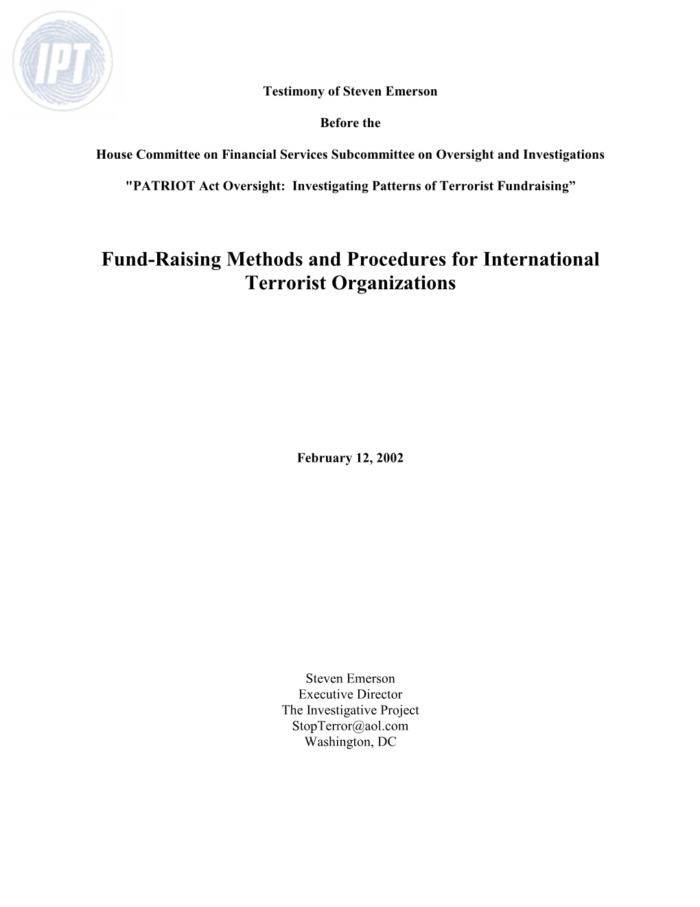 Fundraising Methods and Procedures for Terrorist Organizations