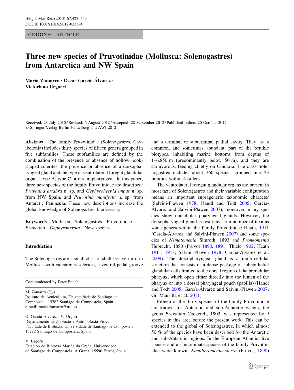 Mollusca: Solenogastres) from Antarctica and NW Spain