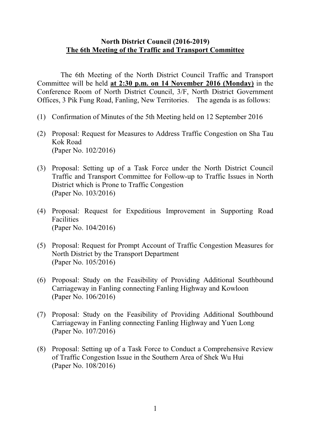 The 6Th Meeting of the Traffic and Transport Committee