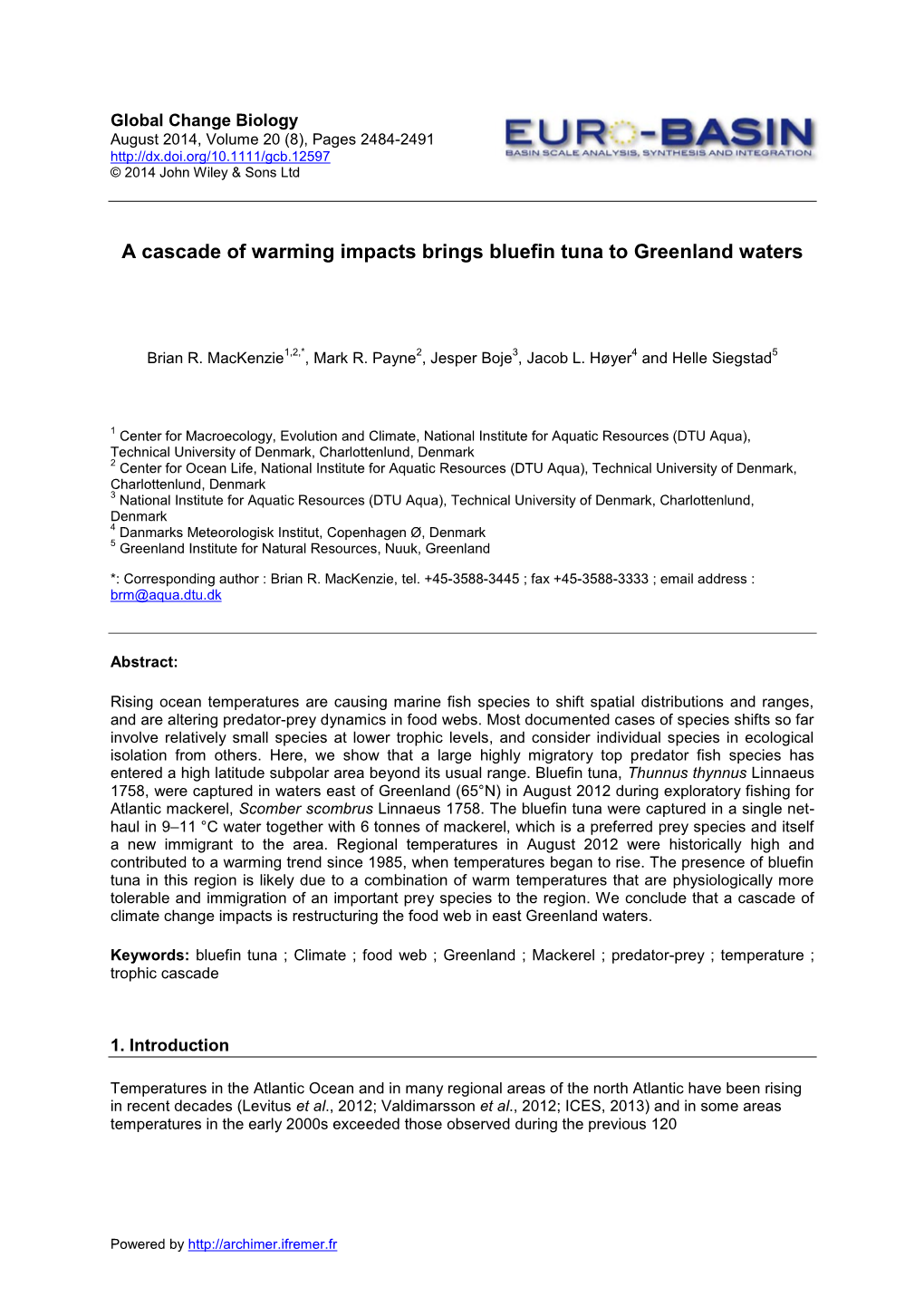 A Cascade of Warming Impacts Brings Bluefin Tuna to Greenland Waters