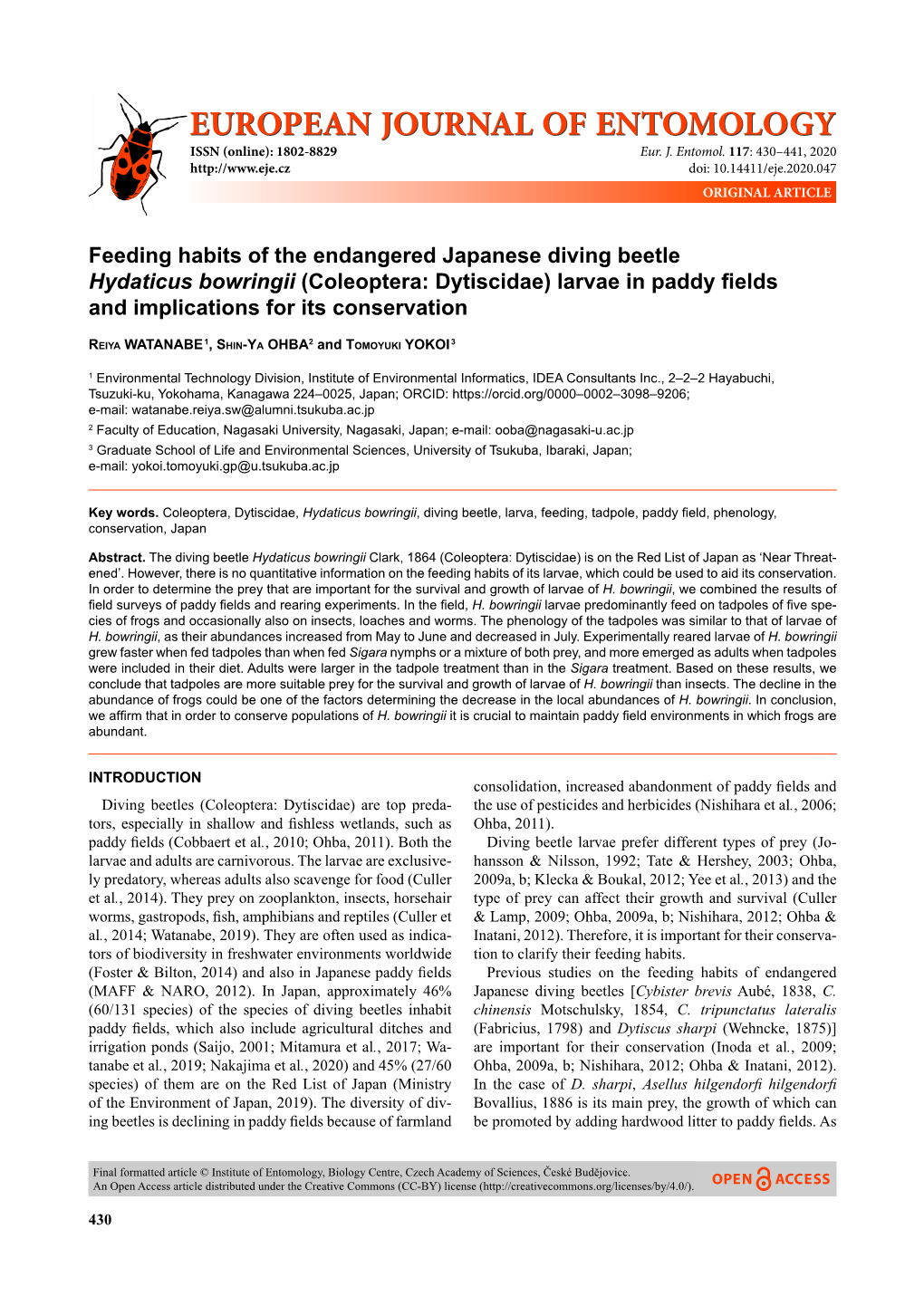 Feeding Habits of the Endangered Japanese Diving Beetle Hydaticus Bowringii (Coleoptera: Dytiscidae) Larvae in Paddy ﬁ Elds and Implications for Its Conservation