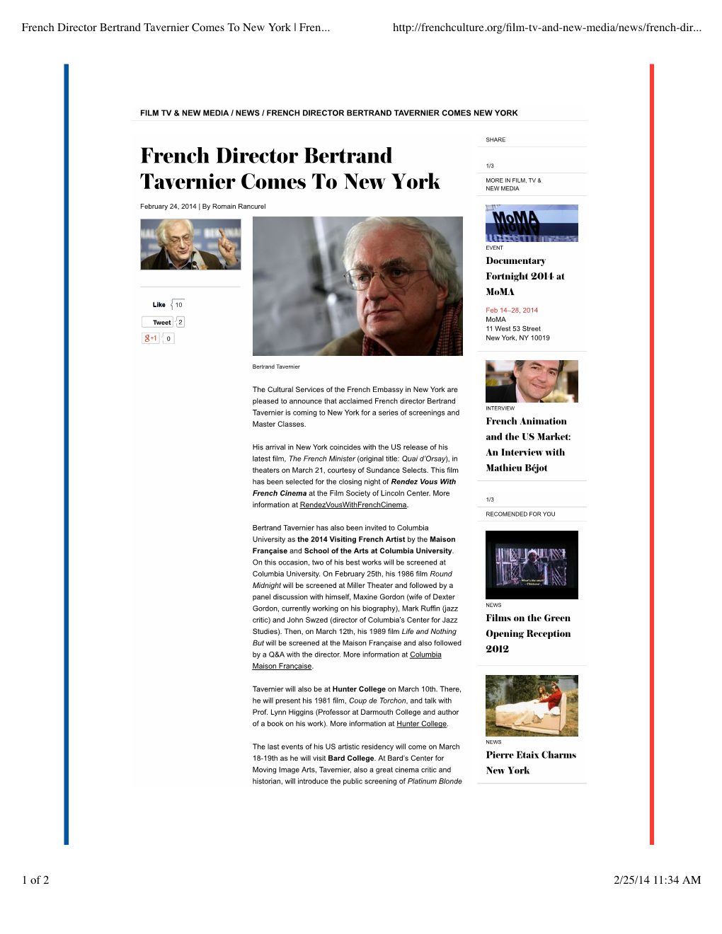 French Director Bertrand Tavernier Comes to New York | Fren