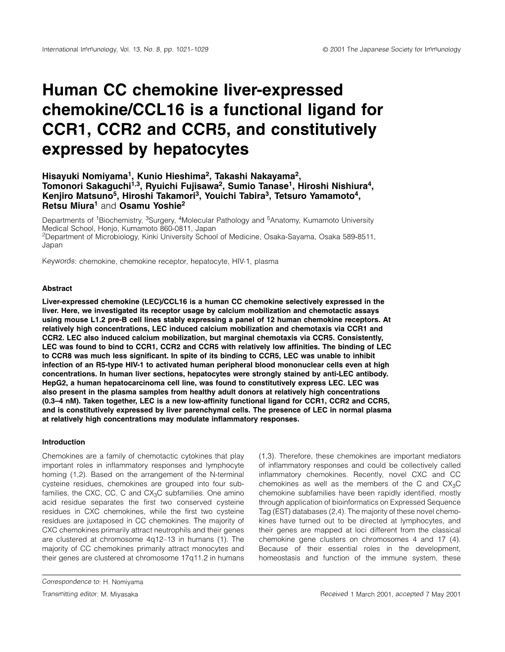 Human CC Chemokine Liver-Expressed Chemokine/CCL16 Is a Functional Ligand for CCR1, CCR2 and CCR5, and Constitutively Expressed by Hepatocytes