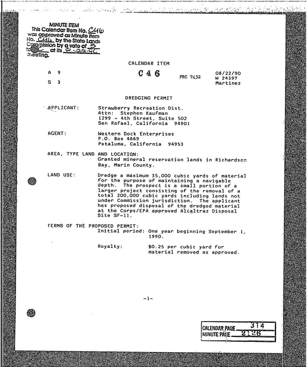 DREDGING PERMIT Sar. Rafael. California