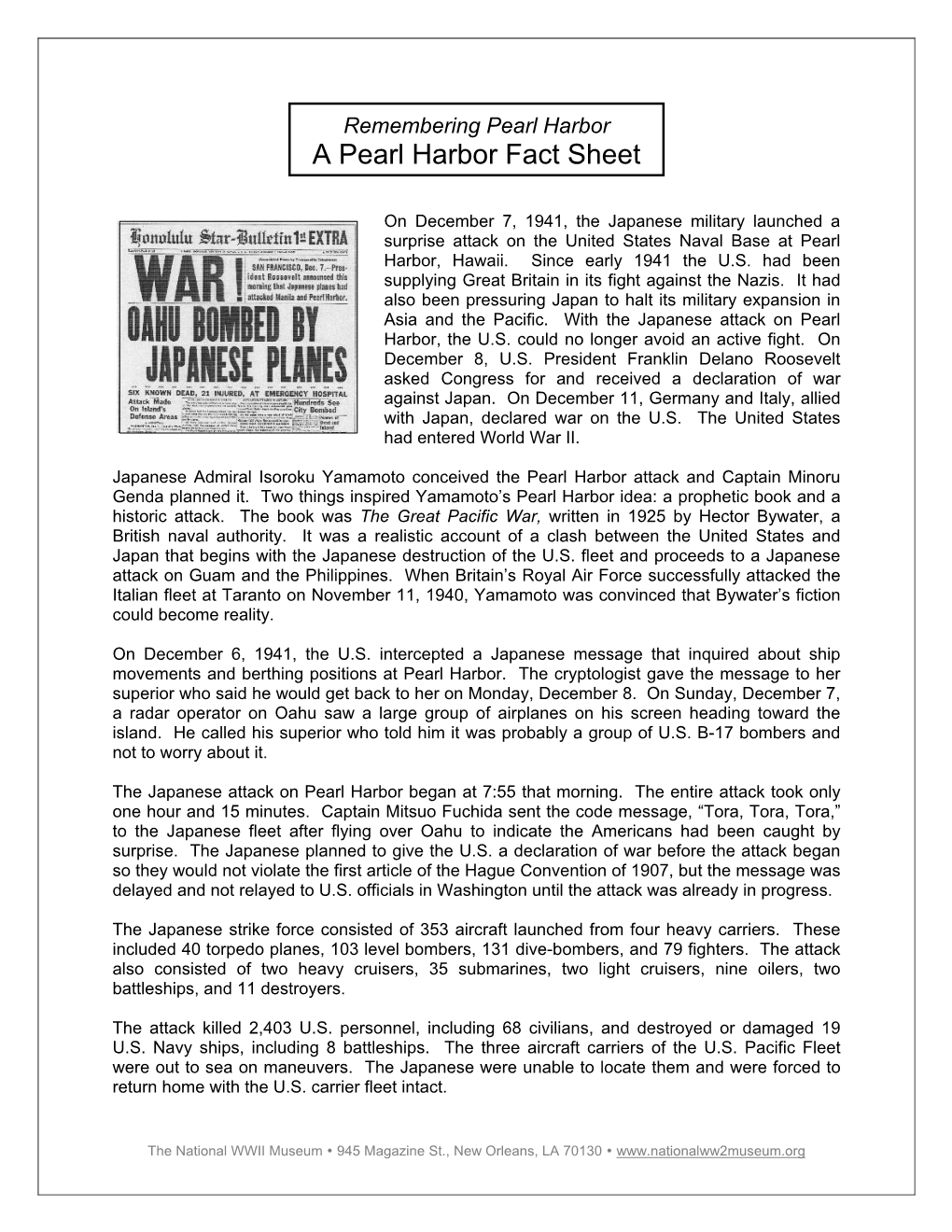 A Pearl Harbor Fact Sheet