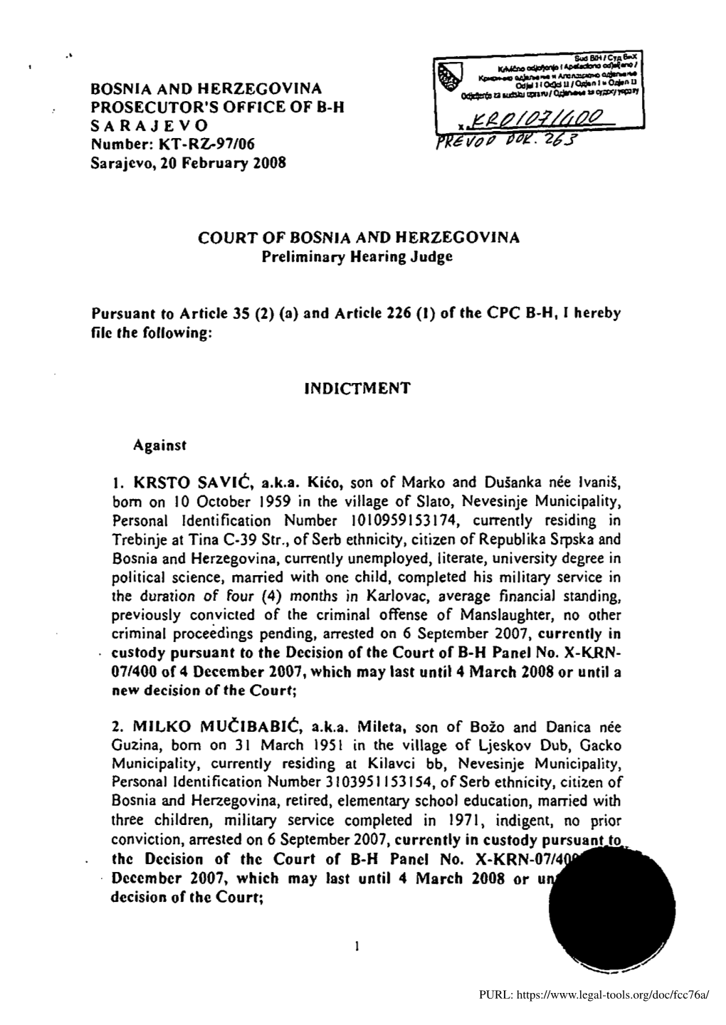 RZ-97106 Sarajevo,20 February 2008 COURT of BOSNIA and HE