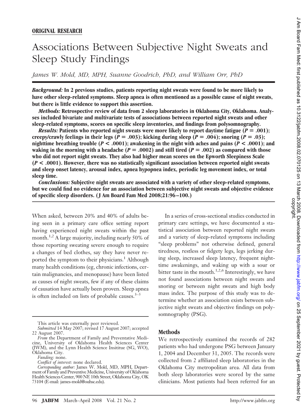 Associations Between Subjective Night Sweats and Sleep Study Findings