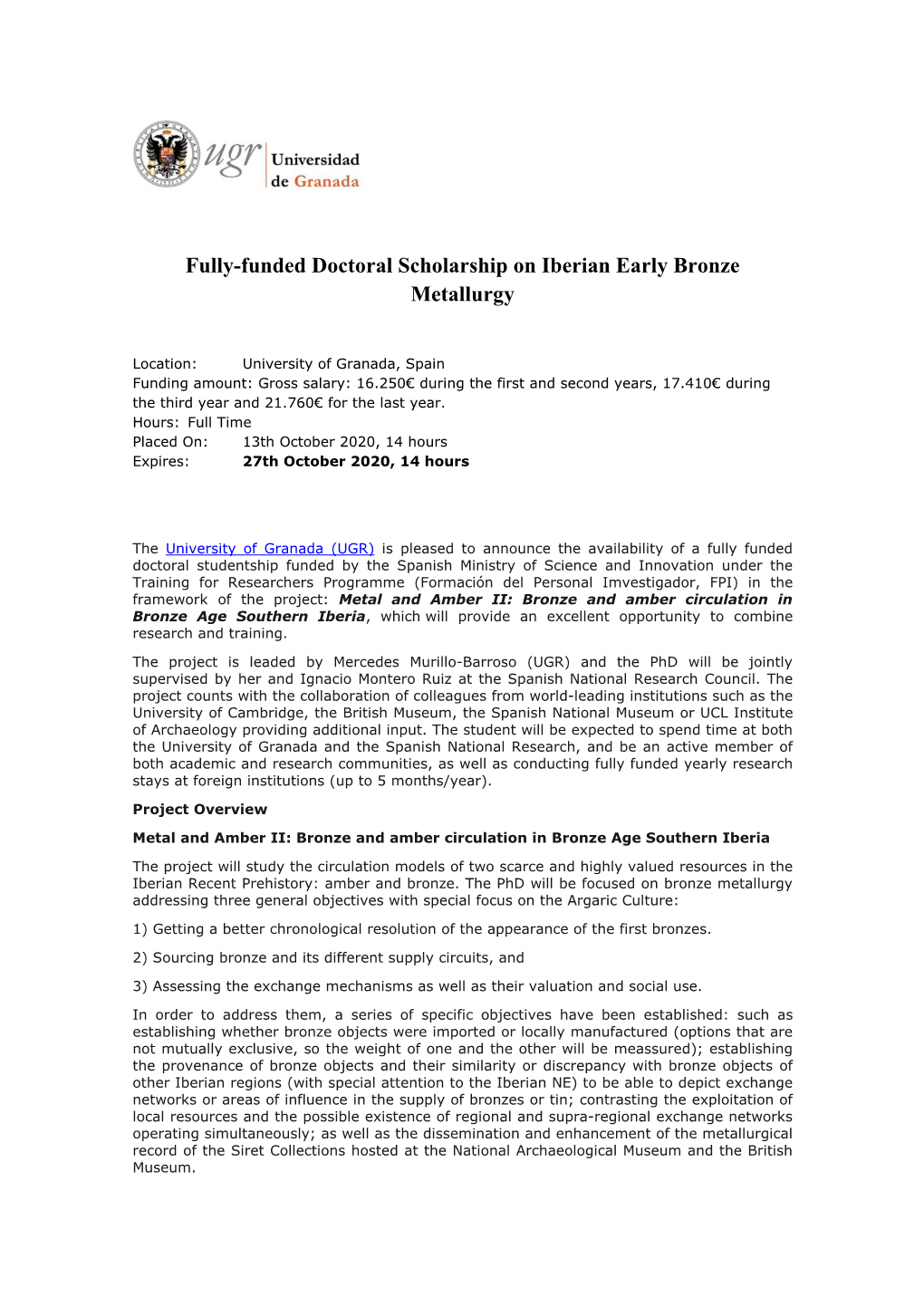 Fully-Funded Doctoral Scholarship on Iberian Early Bronze Metallurgy