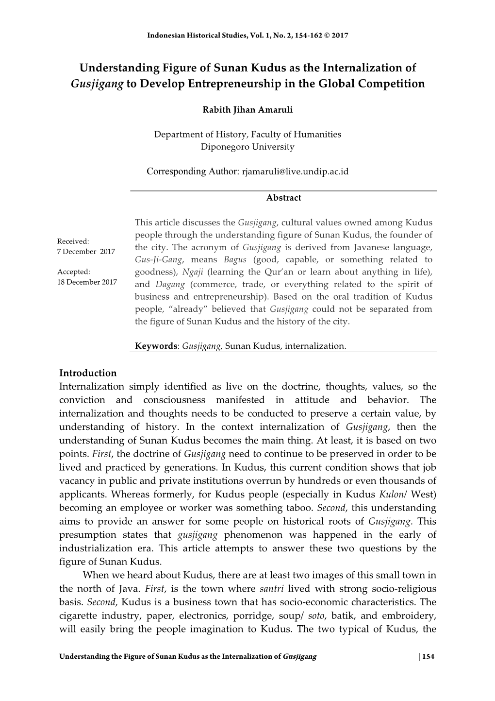 Understanding Figure of Sunan Kudus As the Internalization of Gusjigang to Develop Entrepreneurship in the Global Competition