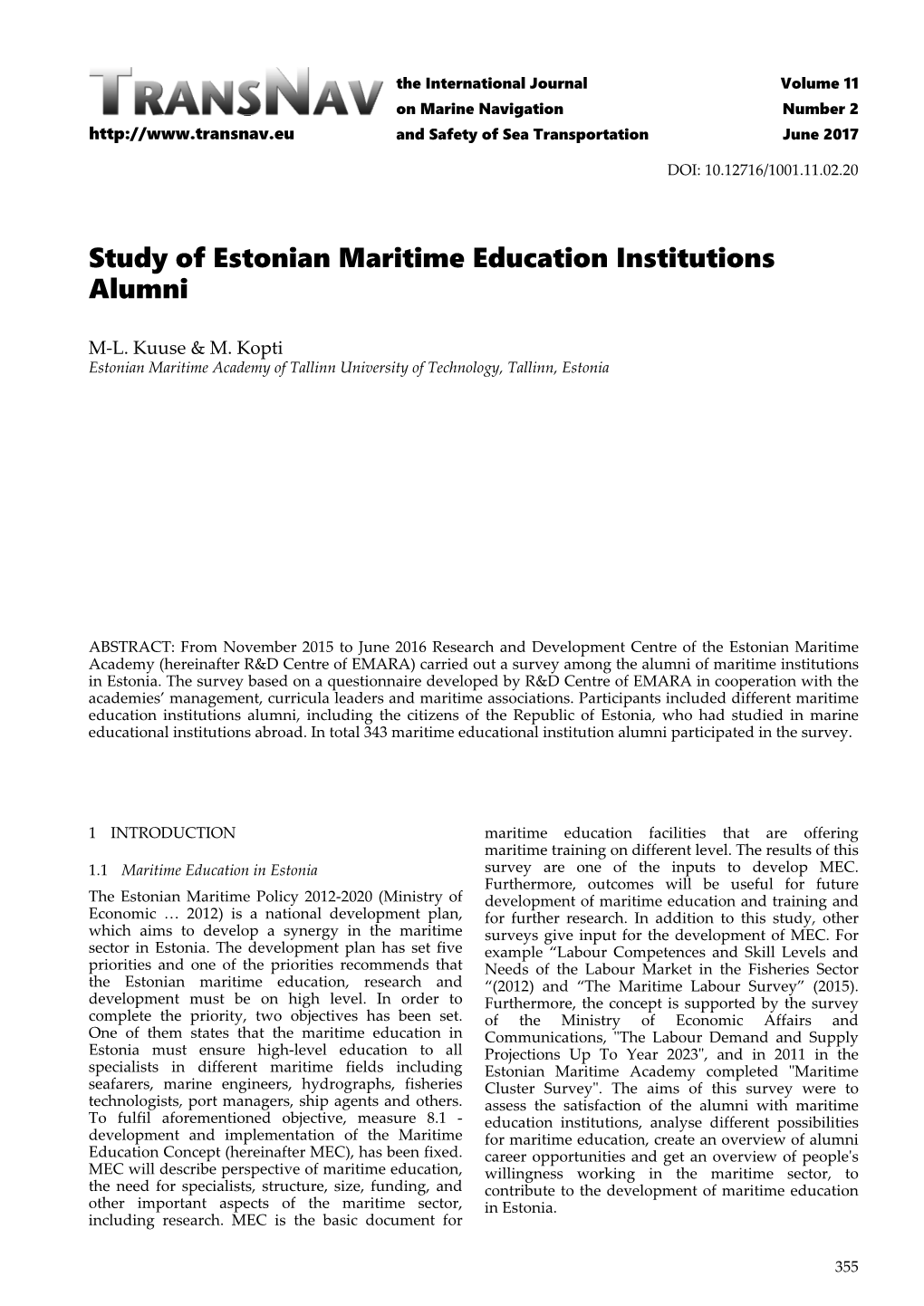 Study of Estonian Maritime Education Institutions Alumni