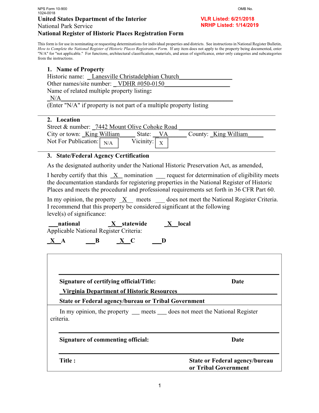 United States Department of the Interior National Park Service / National Register of Historic Places Registration Form NPS Form 10-900 OMB No