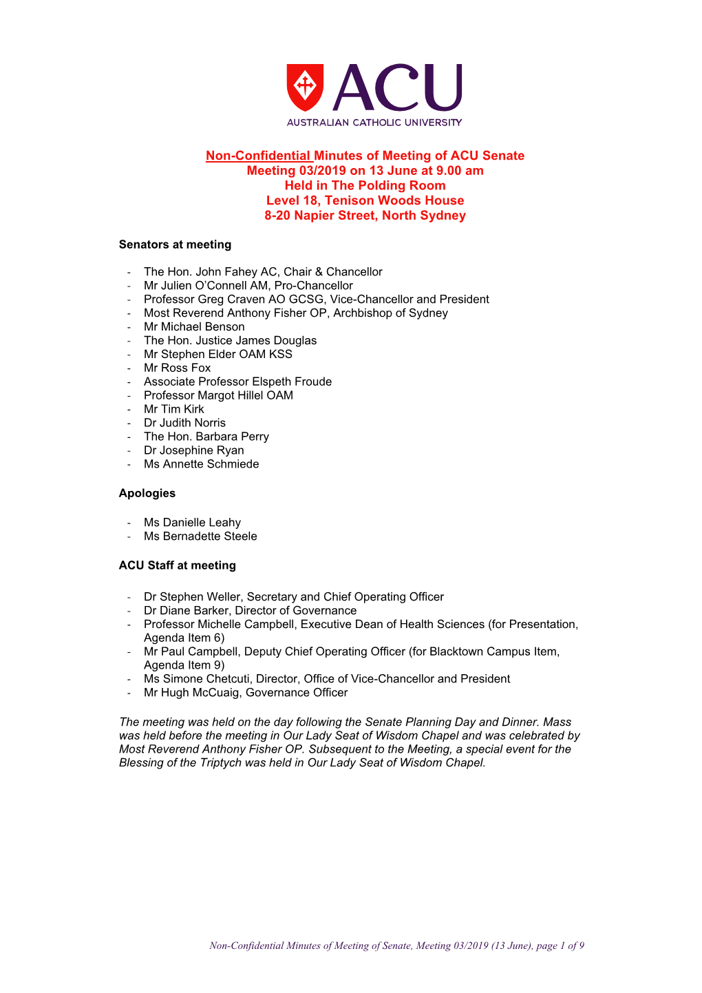 Non-Confidential Minutes of Meeting of ACU Senate Meeting 03/2019 On