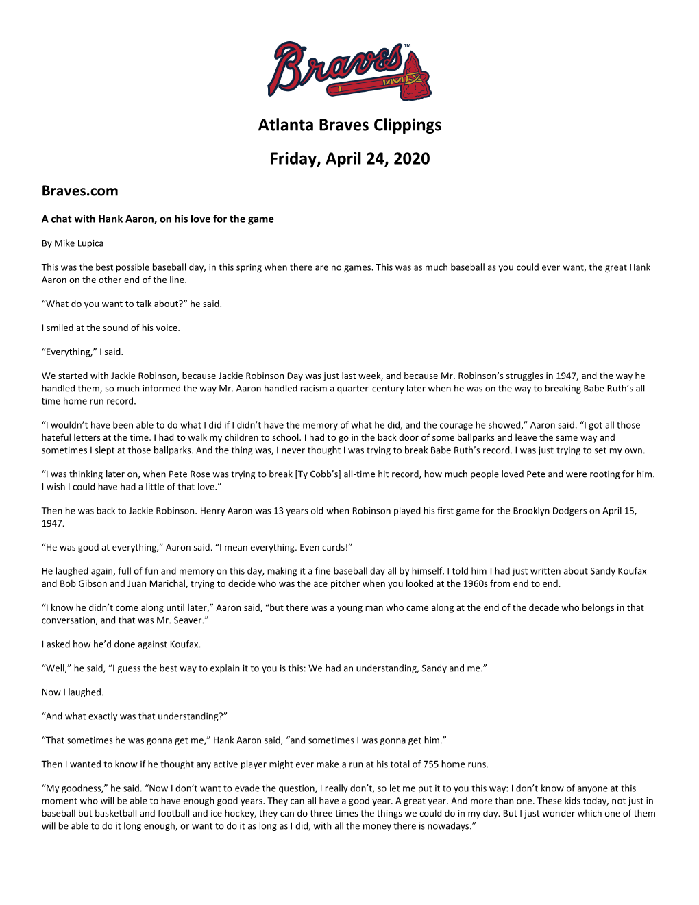 Atlanta Braves Clippings Friday, April 24, 2020 Braves.Com