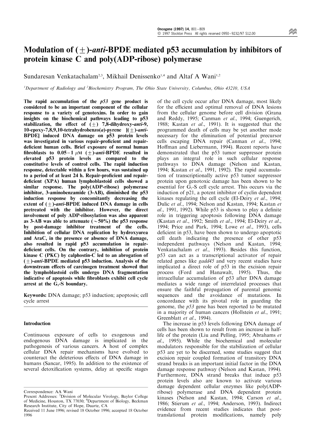 Modulation of (+)-Anti-BPDE Mediated P53 Accumulation by Inhibitors of Protein Kinase C and Poly(ADP-Ribose) Polymerase