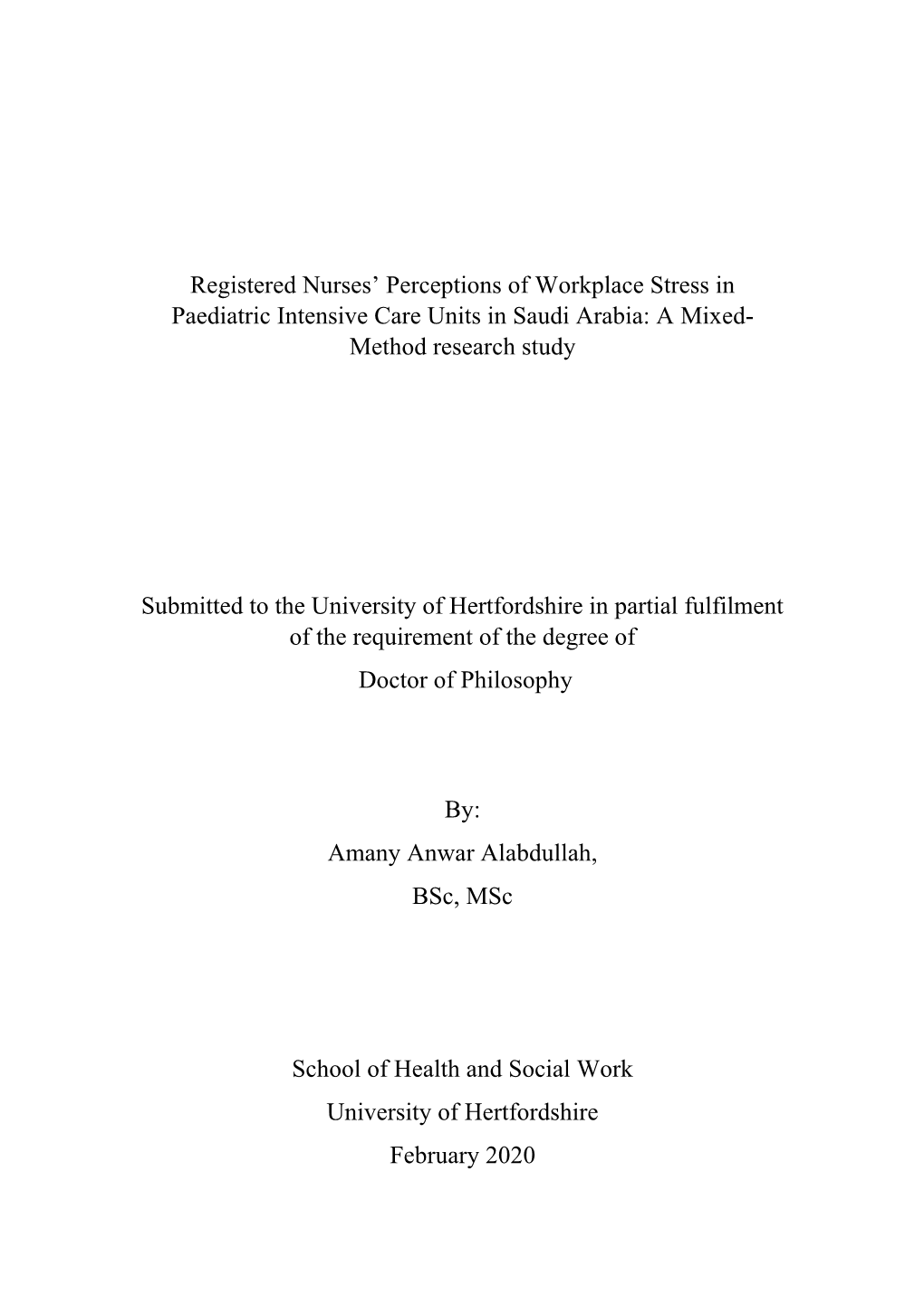 Registered Nurses' Perceptions of Workplace Stress in Paediatric