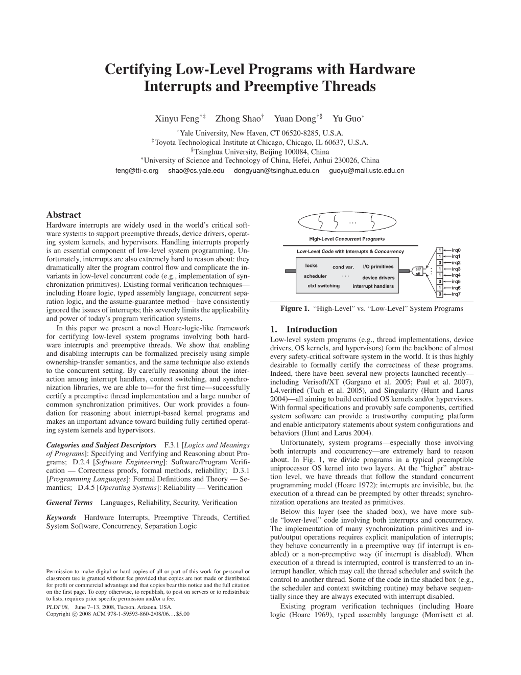 Certifying Low-Level Programs with Hardware Interrupts and Preemptive Threads