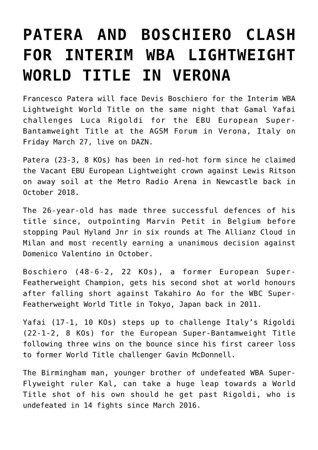 Patera and Boschiero Clash for Interim Wba Lightweight World Title in Verona