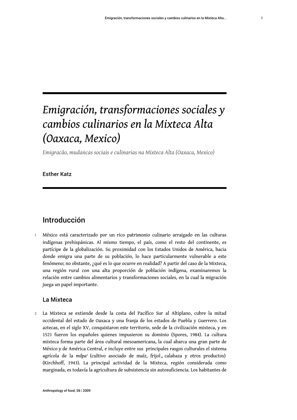 Emigración, Transformaciones Sociales Y Cambios Culinarios En La Mixteca Alta