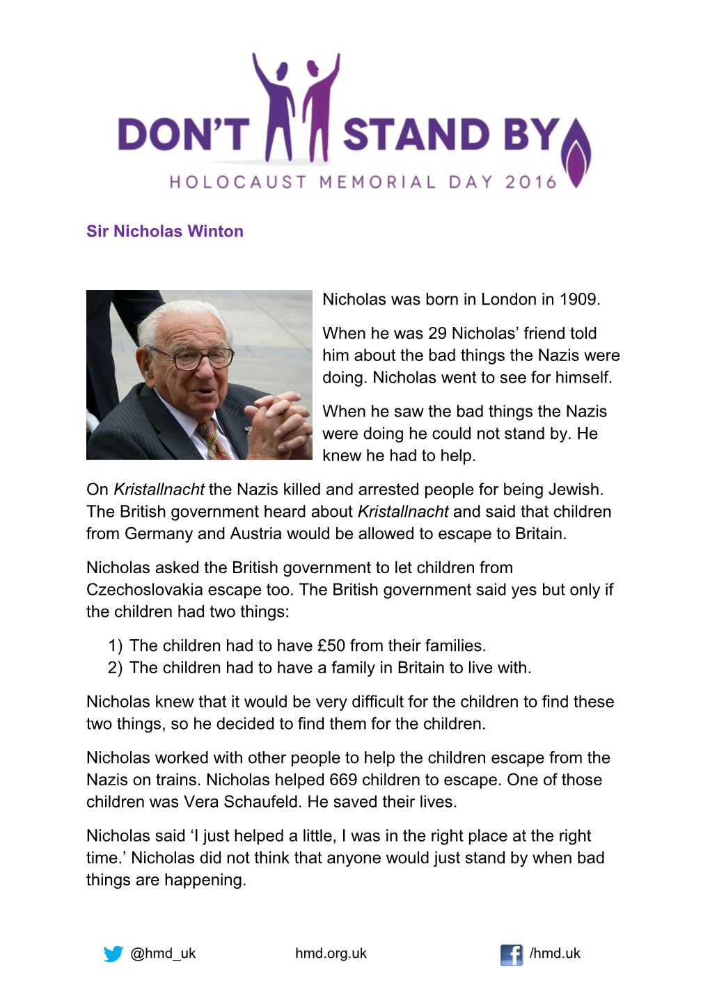 Sir Nicholas Winton's Easy to Read Life Story