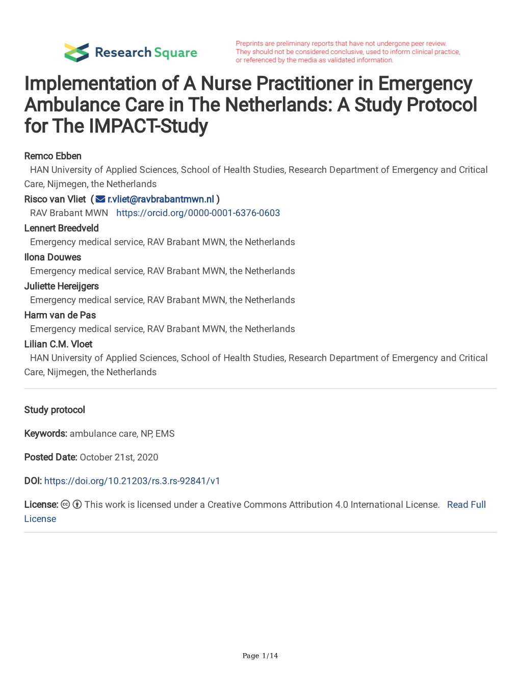 Implementation of a Nurse Practitioner in Emergency Ambulance Care in the Netherlands: a Study Protocol for the IMPACT-Study