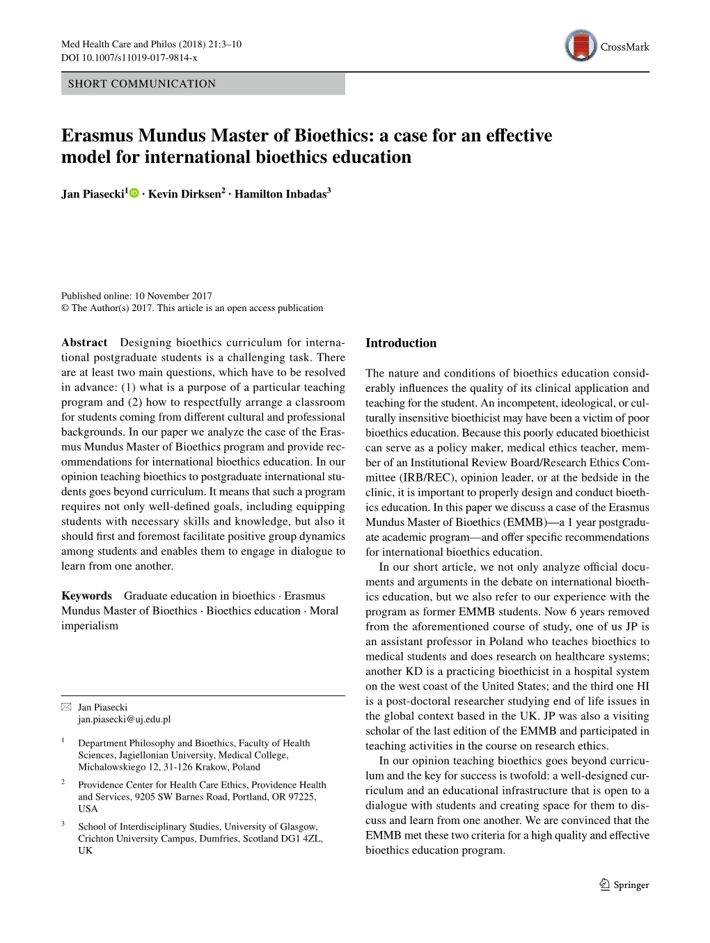 Erasmus Mundus Master of Bioethics: a Case for an Effective Model for International Bioethics Education