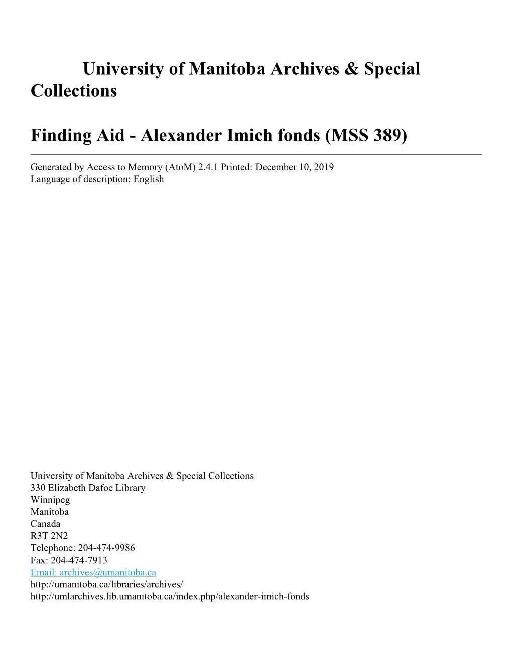 Alexander Imich Fonds (MSS 389)