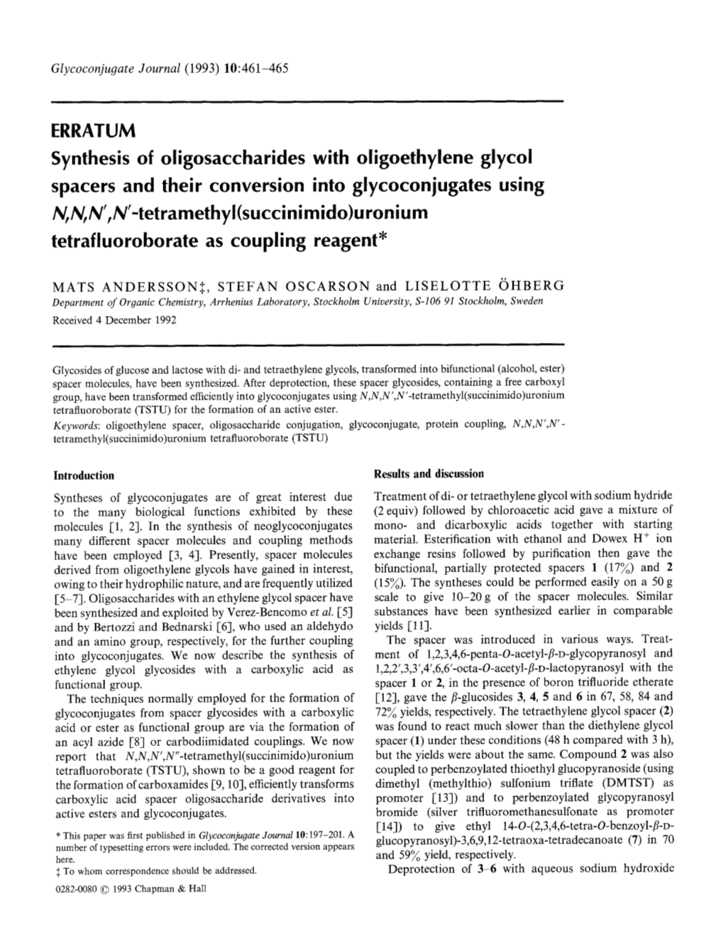 Synthesis of Oligosaccharides with Oligoethylene Glycolspacers And