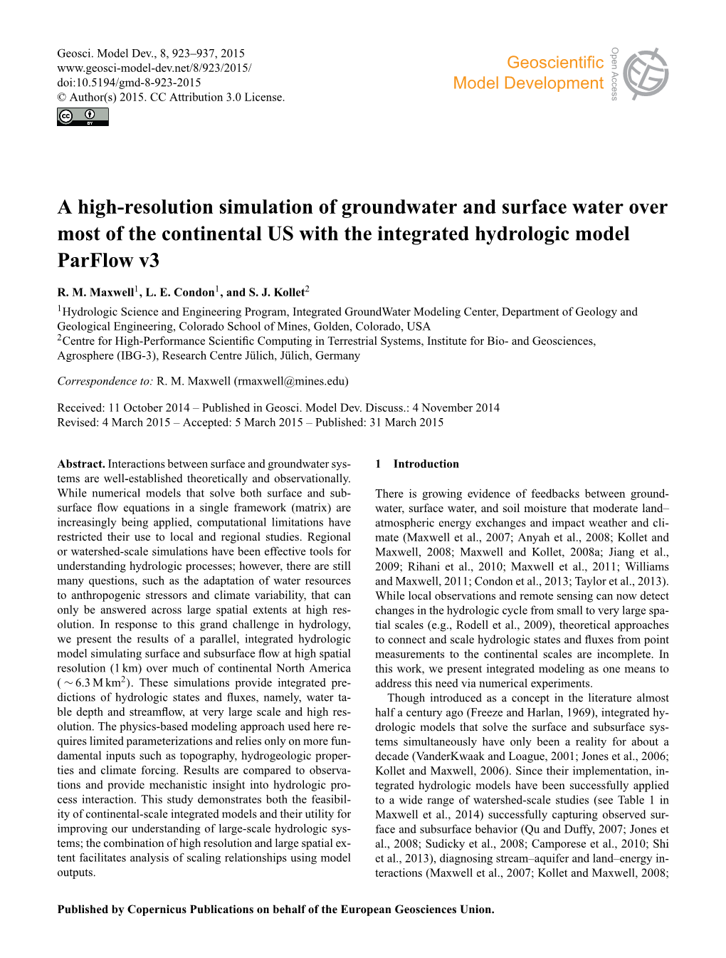 A High-Resolution Simulation of Groundwater and Surface Water Over Most of the Continental US with the Integrated Hydrologic Model Parflow V3