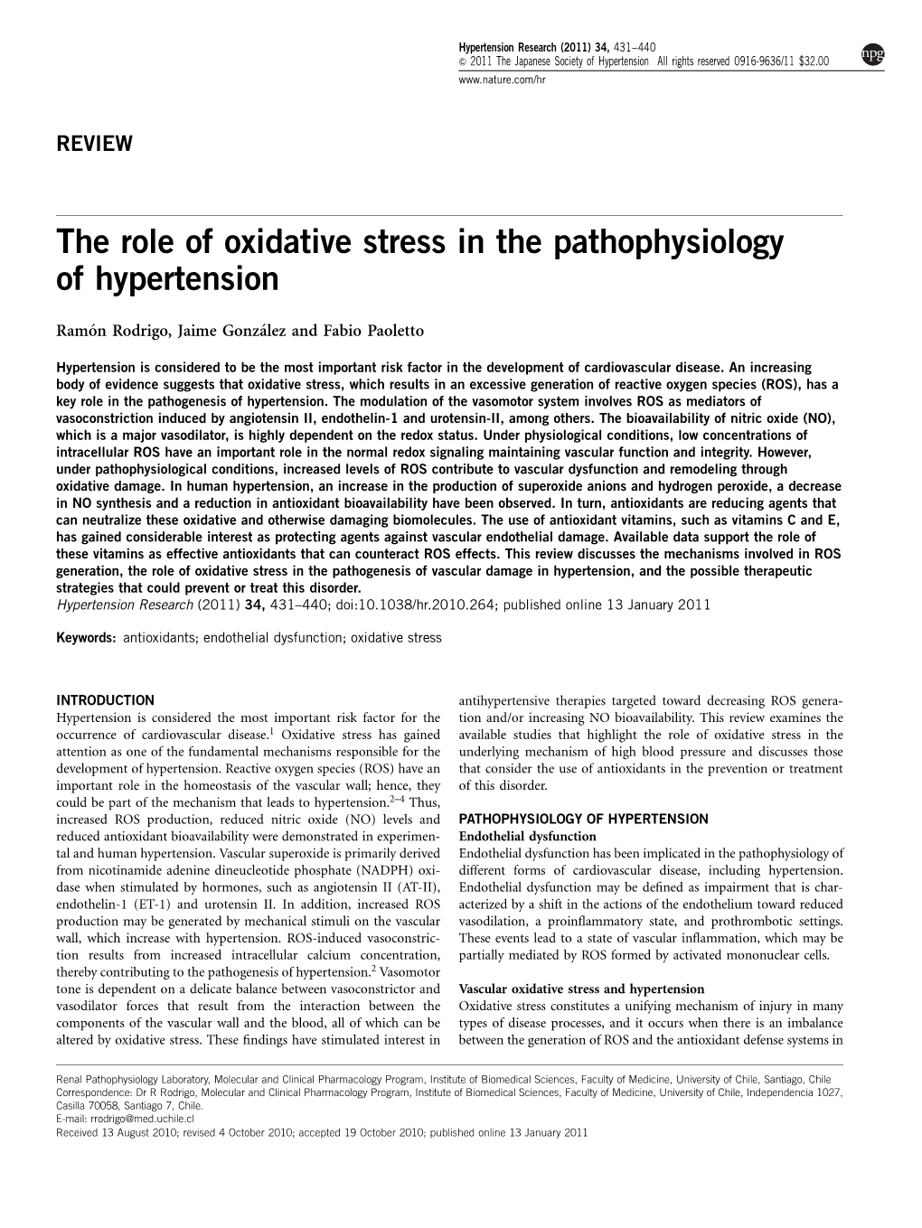 The Role of Oxidative Stress in the Pathophysiology of Hypertension