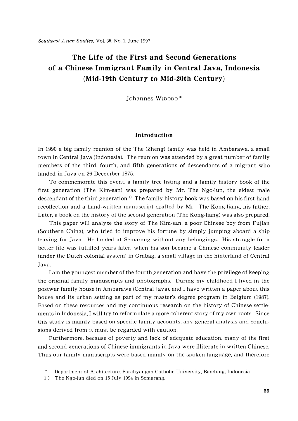 The Life of the First and Second Generations of a Chinese Immigrant Family in Central Java, Indonesia (Mid-19Th Century to Mid-20Th Century)