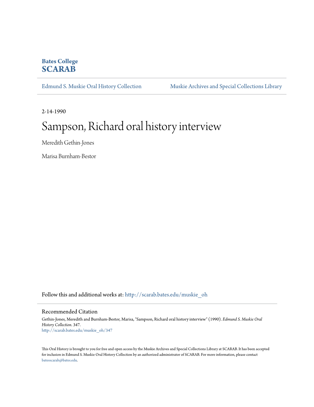 Sampson, Richard Oral History Interview Meredith Gethin-Jones