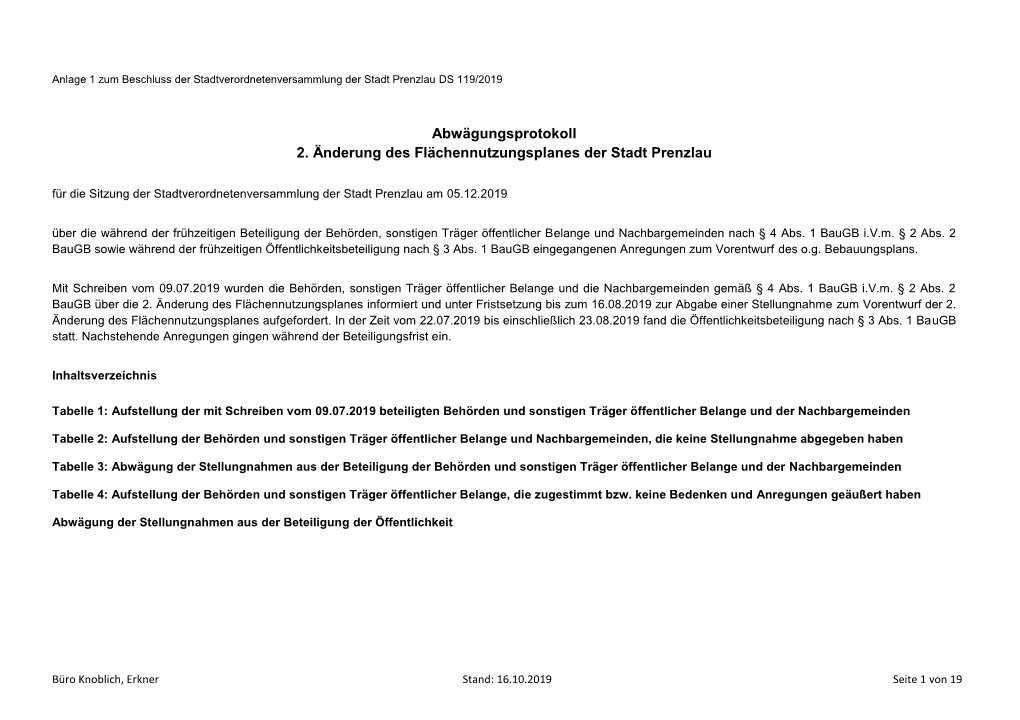 Abwägungsprotokoll 2. Änderung Des Flächennutzungsplanes Der Stadt Prenzlau Für Die Sitzung Der Stadtverordnetenversammlung Der Stadt Prenzlau Am 05.12.2019