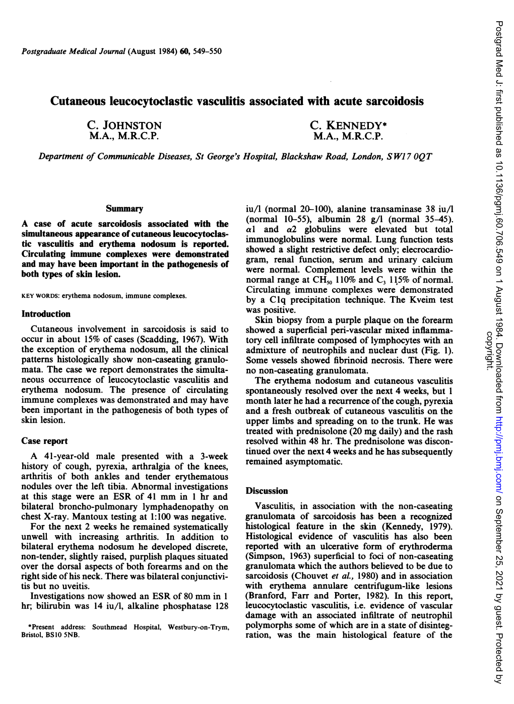 Cutaneous Leucocytoclastic Vasculitis Associated with Acute Sarcoidosis C