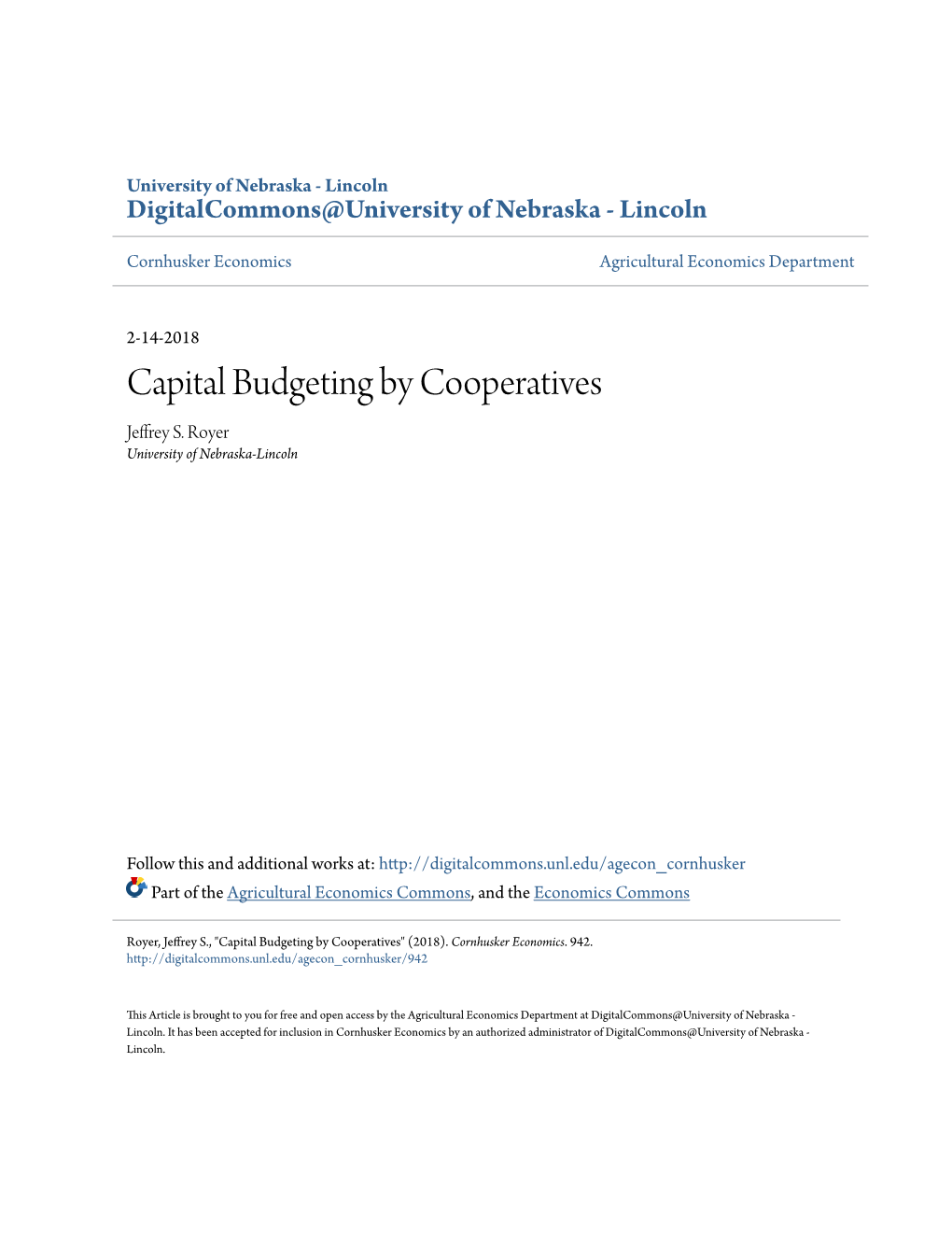 Capital Budgeting by Cooperatives Jeffrey S
