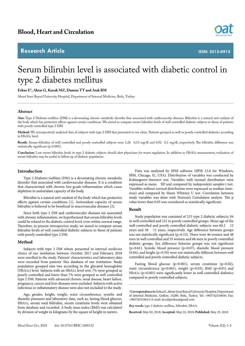 Serum Bilirubin Level Is Associated with Diabetic Control in Type 2