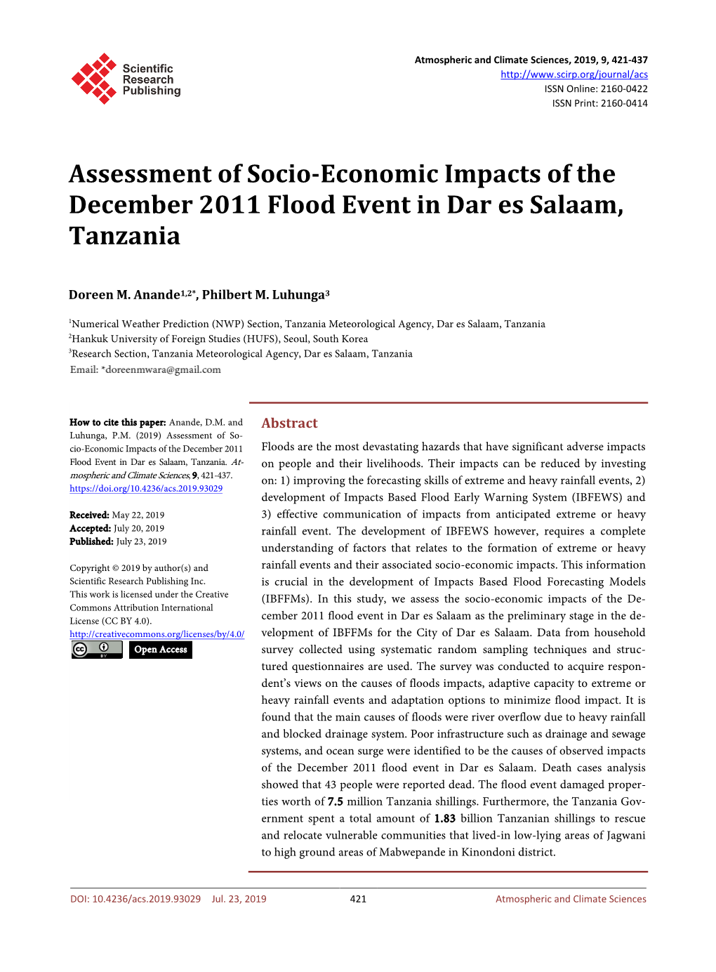 Assessment of Socio-Economic Impacts of the December 2011 Flood Event in Dar Es Salaam, Tanzania
