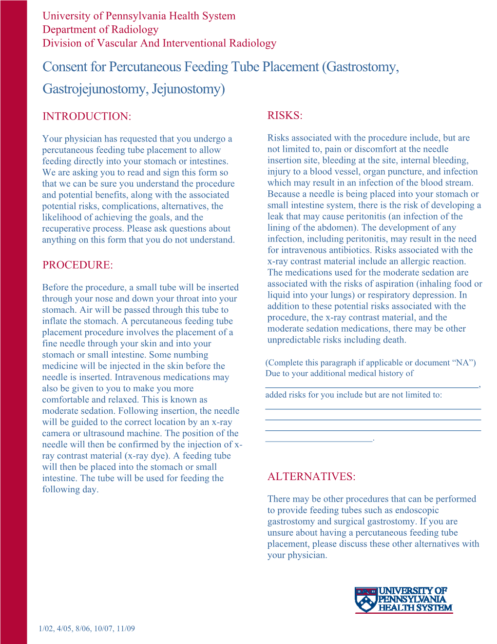 Consent for Percutaneous Feeding Tube Placement (Gastrostomy, Gastrojejunostomy, Jejunostomy)