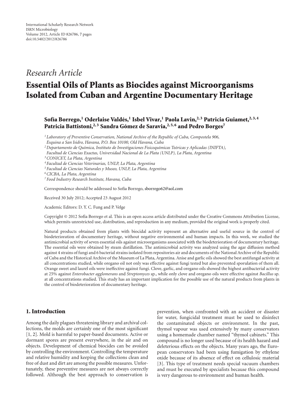 Essential Oils of Plants As Biocides Against Microorganisms Isolated from Cuban and Argentine Documentary Heritage