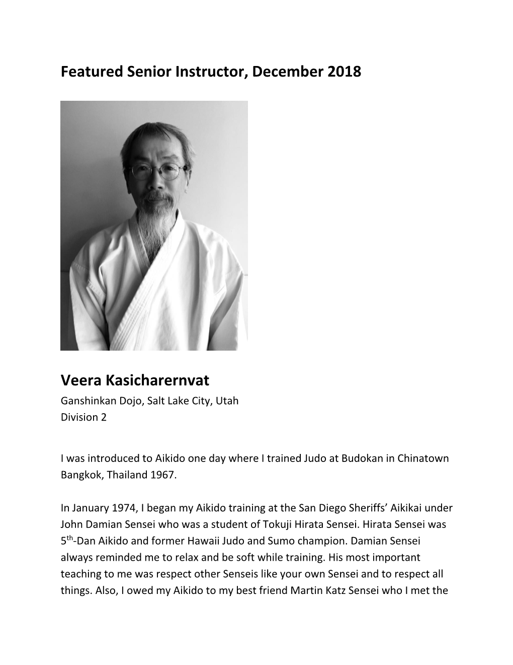 Featured Senior Instructor, December 2018 Veera Kasicharernvat