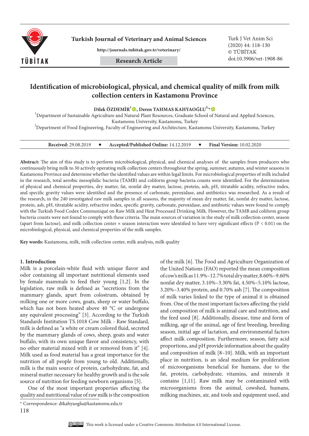 Identification of Microbiological, Physical, and Chemical Quality of Milk from Milk Collection Centers in Kastamonu Province