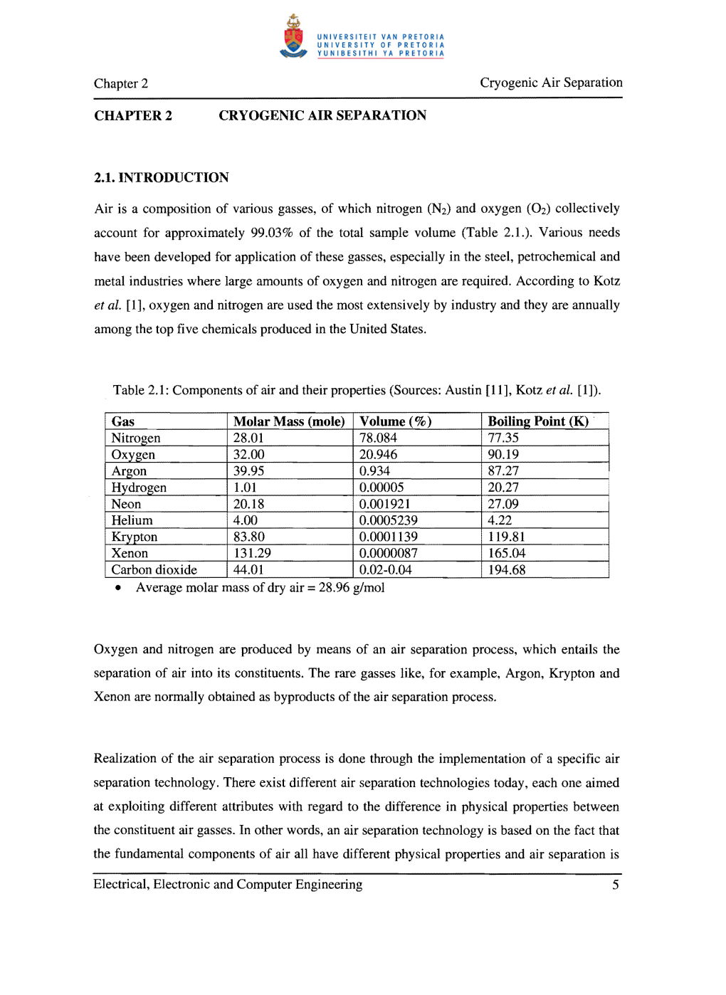 Chapter 2 Cryogenic Air Separation CHAPTER 2 CRYOGENIC AIR SEPARATION 2.1. INTRODUCTION Air Is a Composition of Various Gasses