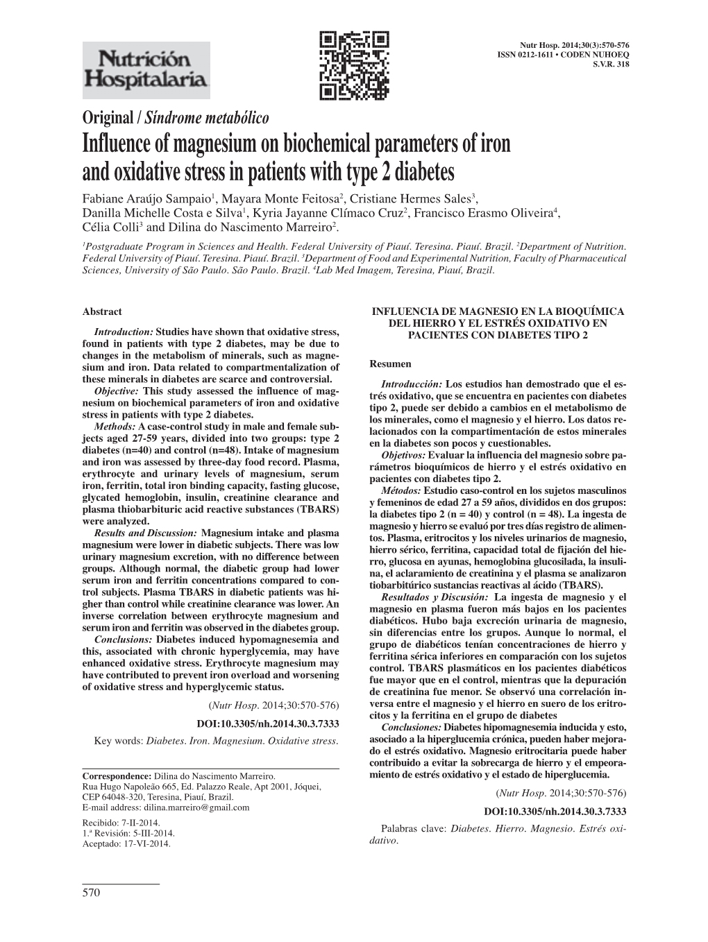 Influence of Magnesium on Biochemical Parameters of Iron And