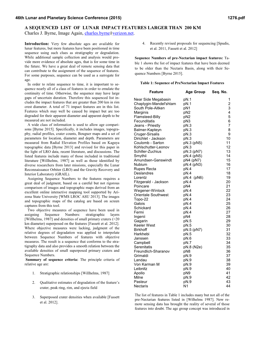 A SEQUENCED LIST of LUNAR IMPACT FEATURES LARGER THAN 200 KM Charles J. Byrne, Image Again, Charles.Byrne@Verizon.Net