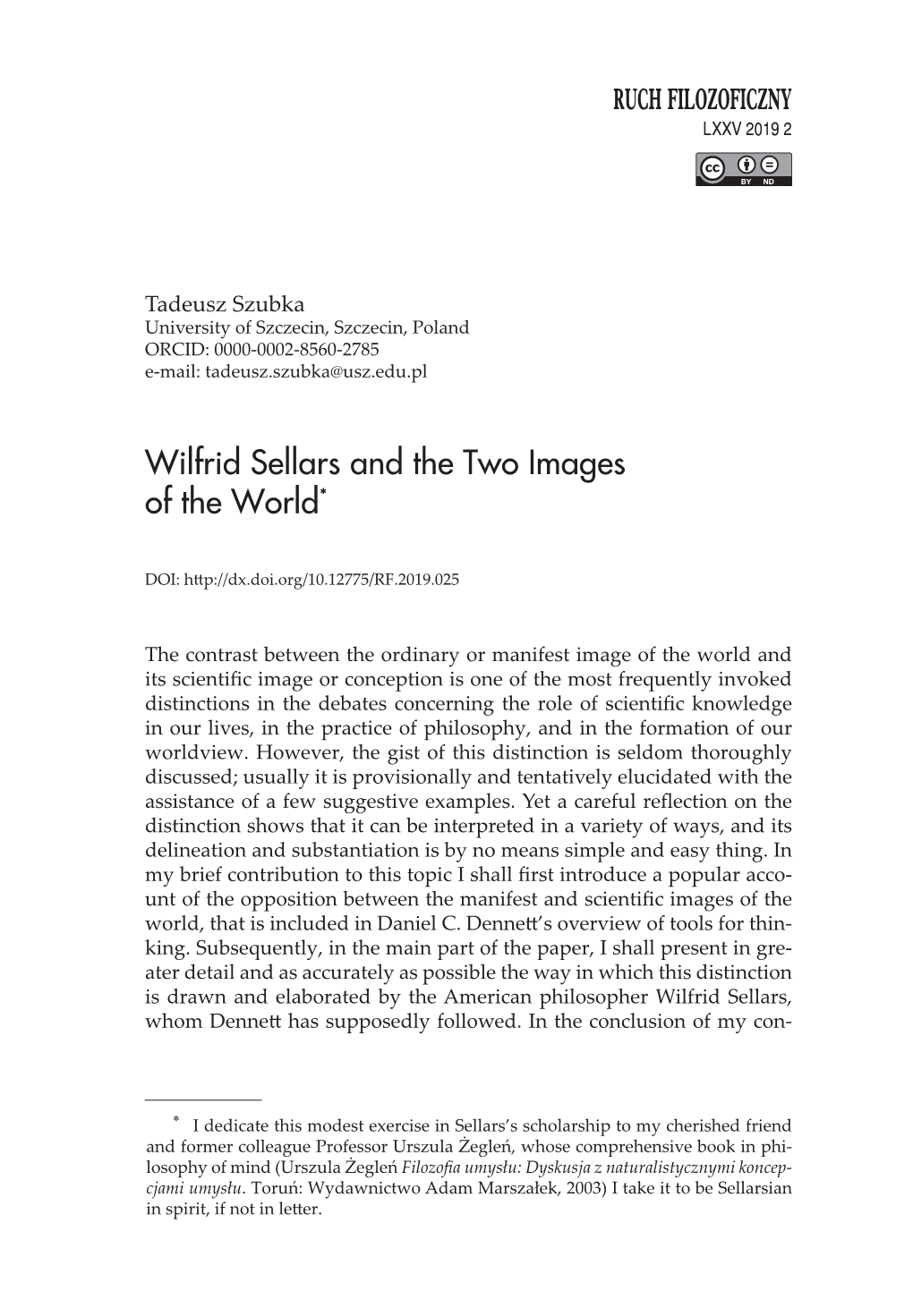 Wilfrid Sellars and the Two Images of the World*